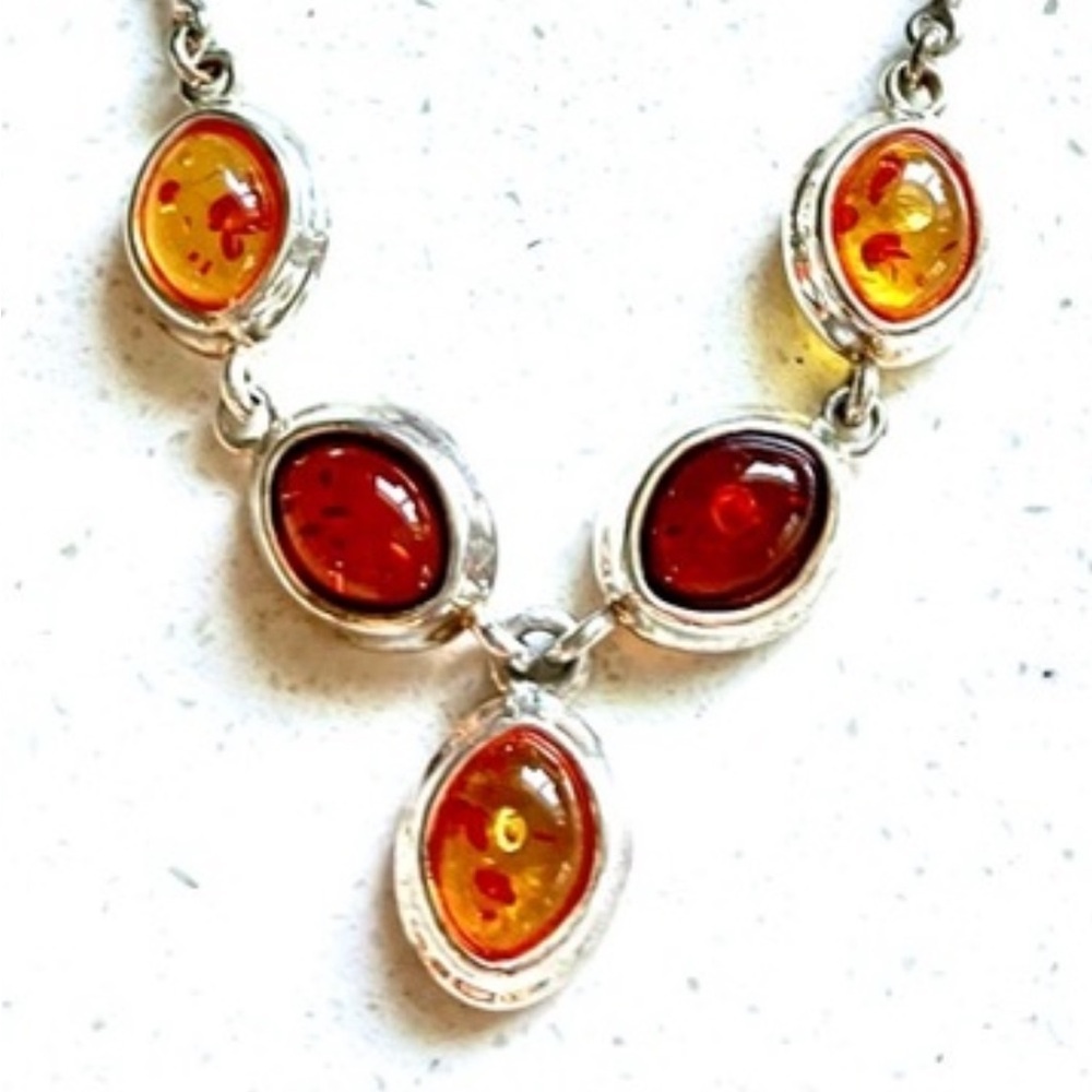 Gorgeous Amber & Silver handmade necklace. 15”, 3” extender. Matching earrings